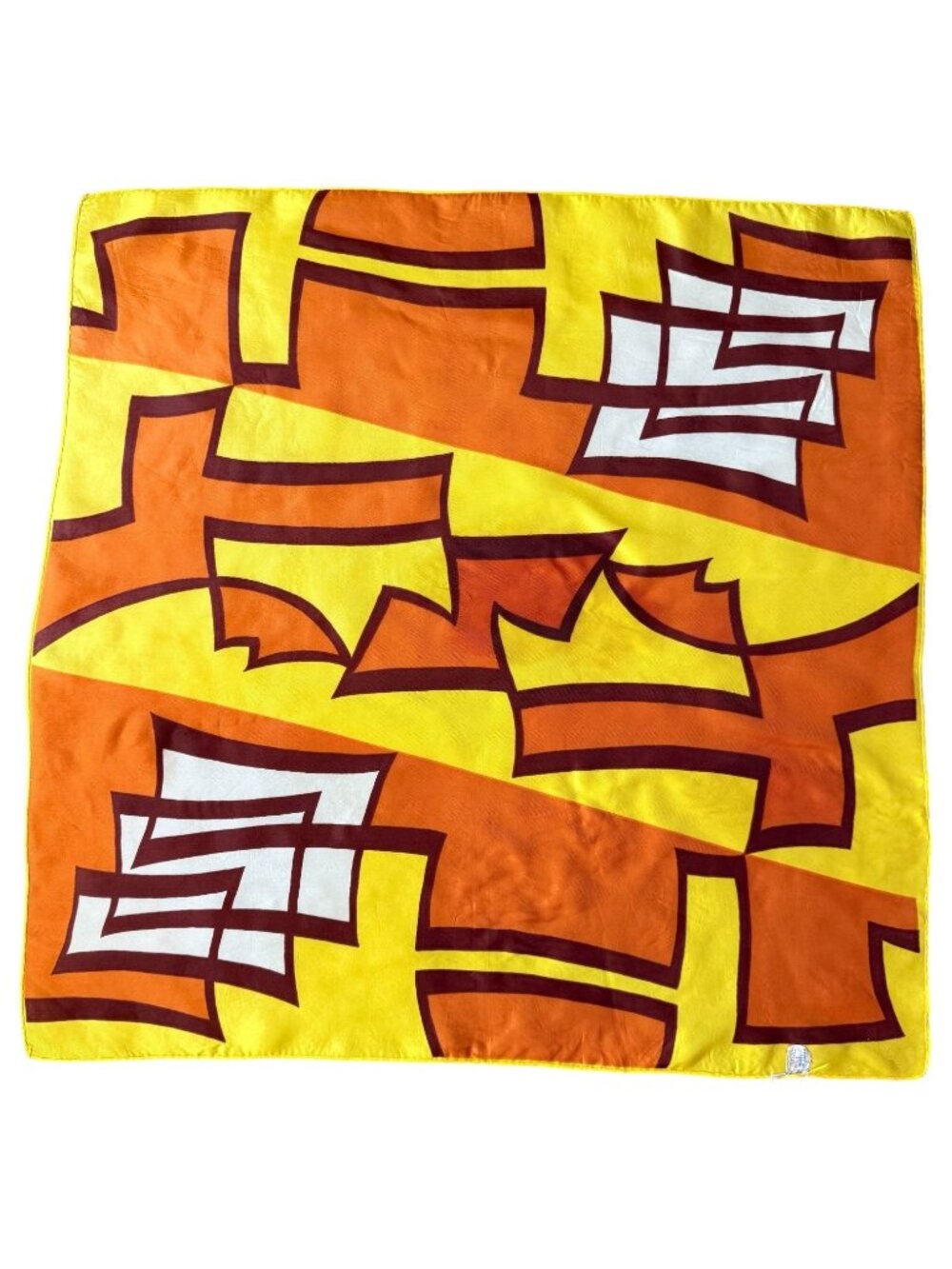 VTG Abstract Geometric Acetate Twill Scarf Made Japan Orange Gold‎ Brown 22"x22"